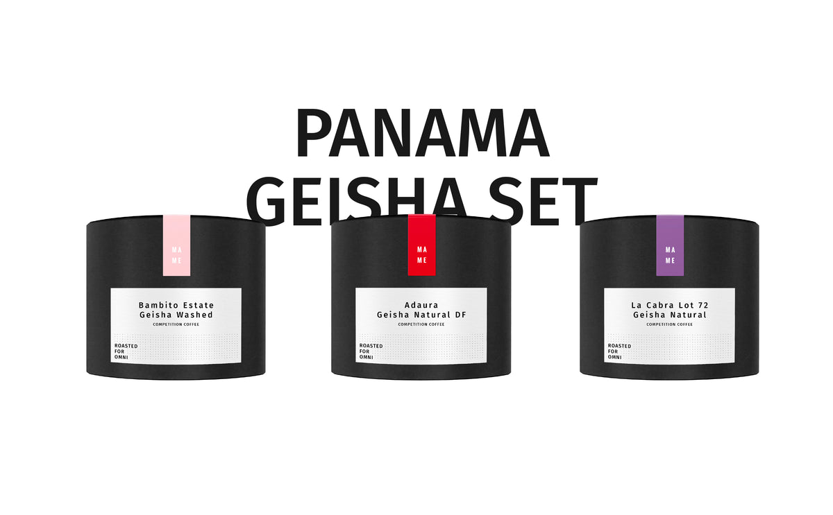 Three black cylindrical geisha wash containers labeled 'PANAMA GEISHA SET' on a white background, with pink, red, and purple accent tabs and product names including Bamboite Estate, Adaura, and La Cobra Lot 72.
